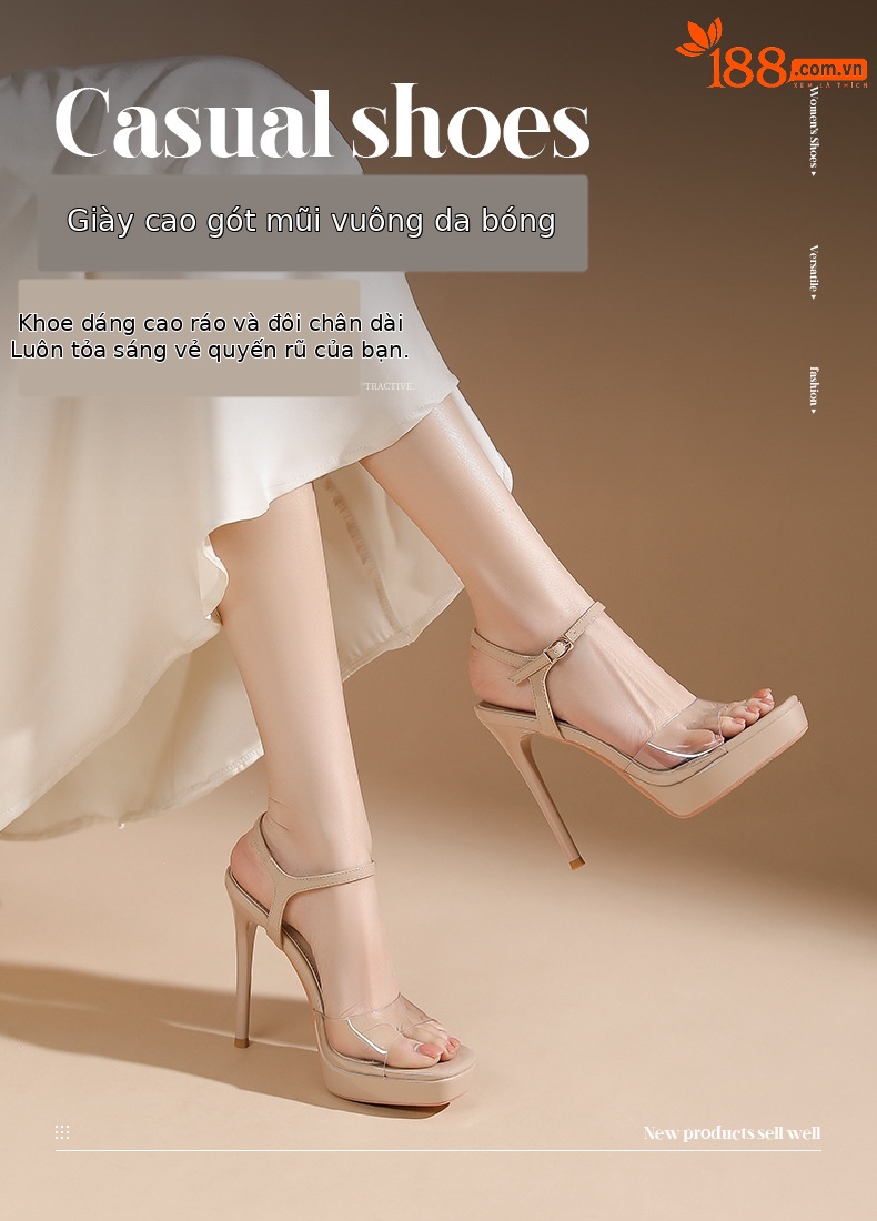 Sandal cao gót nữ mũi vuông quai một dây trong suốt, gót nhọn đế platform 14 cm — Hồng nude-14cm chi tiết 1