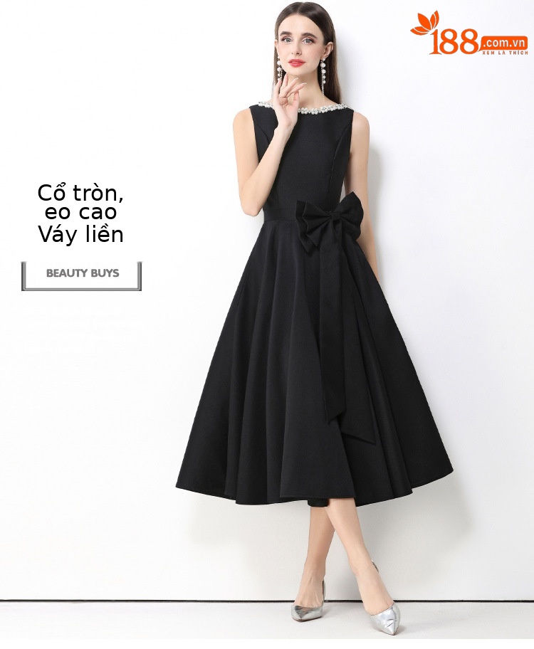 Váy chữ A không tay thêu nơ đính đá thắt eo thanh lịch dự tiệc — màu đen, màu hồng đậm, màu trắng, màu đỏ chi tiết 1