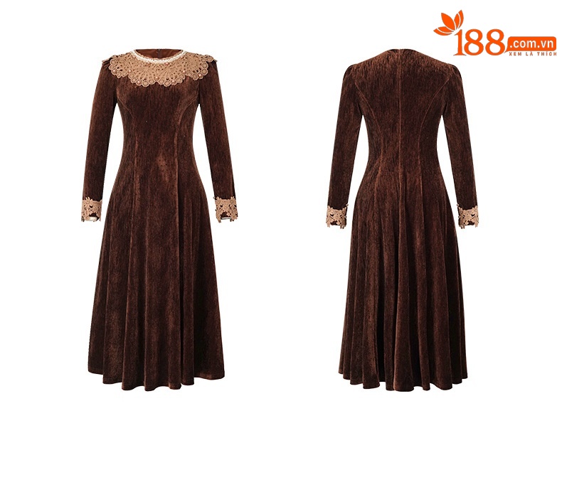 Váy nhung maxi nữ cổ tròn đính ngọc thắt eo dáng dài — màu nâu chi tiết 3