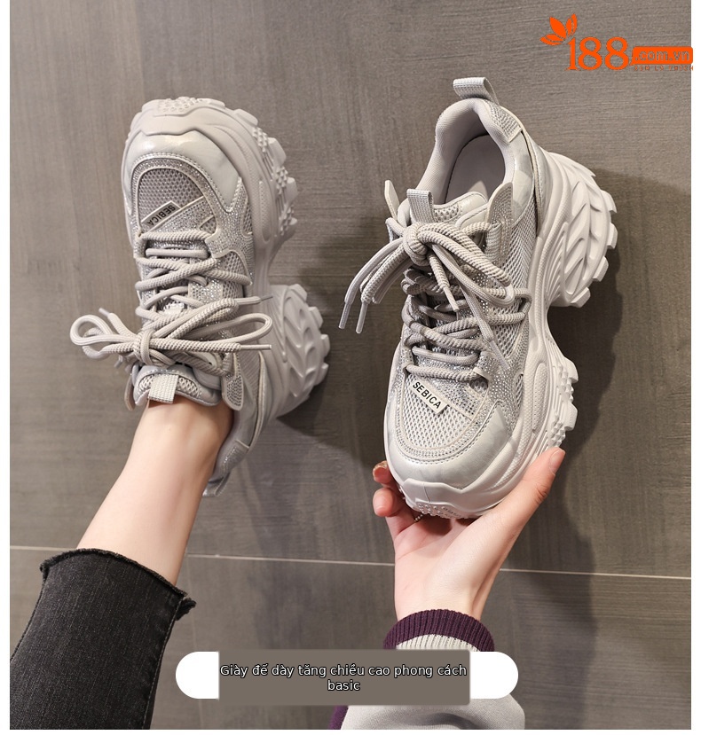 Giày sneaker nữ chunky đế dày tăng chiều cao đính đá rhinestone phong cách thể thao — Màu súng chi tiết 1