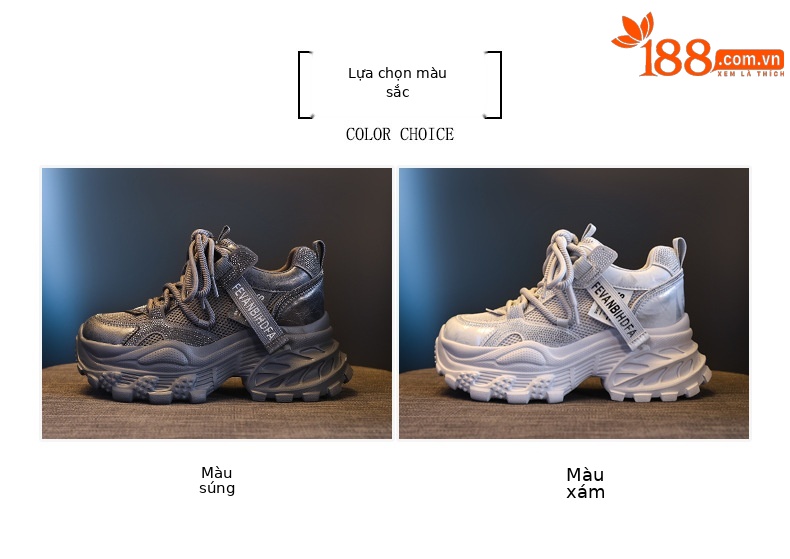 Giày sneaker nữ chunky đế dày tăng chiều cao đính đá rhinestone phong cách thể thao — Màu súng chi tiết 2