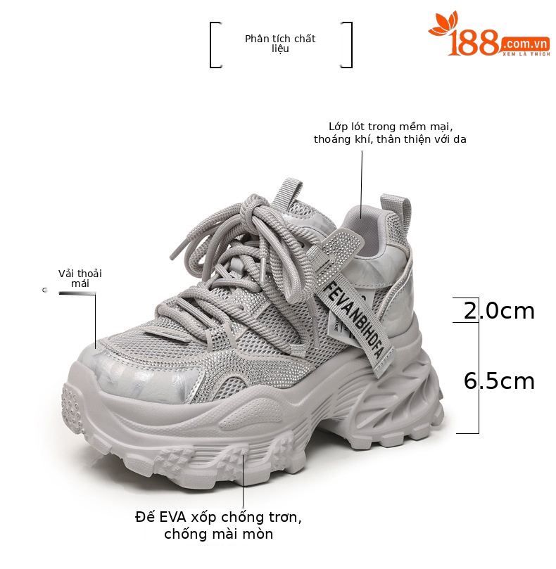 Giày sneaker nữ chunky đế dày tăng chiều cao đính đá rhinestone phong cách thể thao — Màu súng chi tiết 3