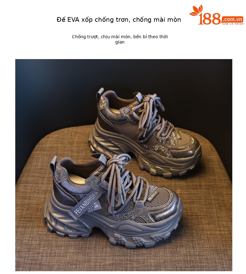 Giày sneaker nữ chunky đế dày tăng chiều cao đính đá rhinestone phong cách thể thao — Màu súng chi tiết 10