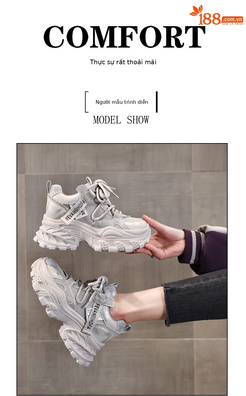 Giày sneaker nữ chunky đế dày tăng chiều cao đính đá rhinestone phong cách thể thao — Màu súng chi tiết 11