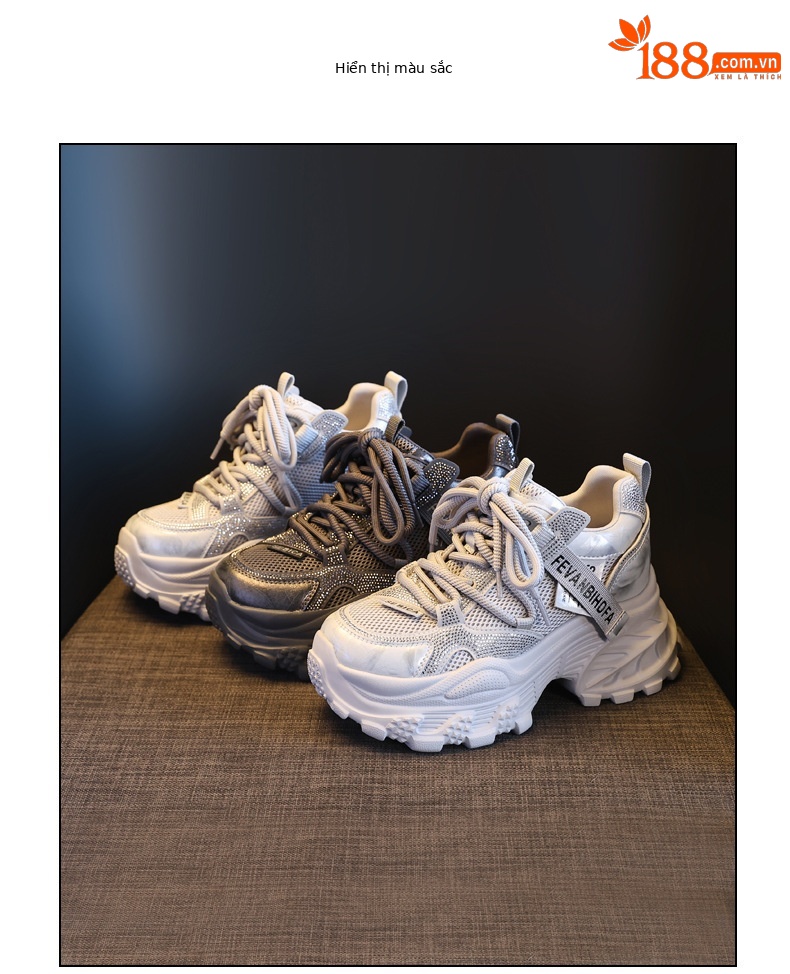 Giày sneaker nữ chunky đế dày tăng chiều cao đính đá rhinestone phong cách thể thao — Màu súng chi tiết 18