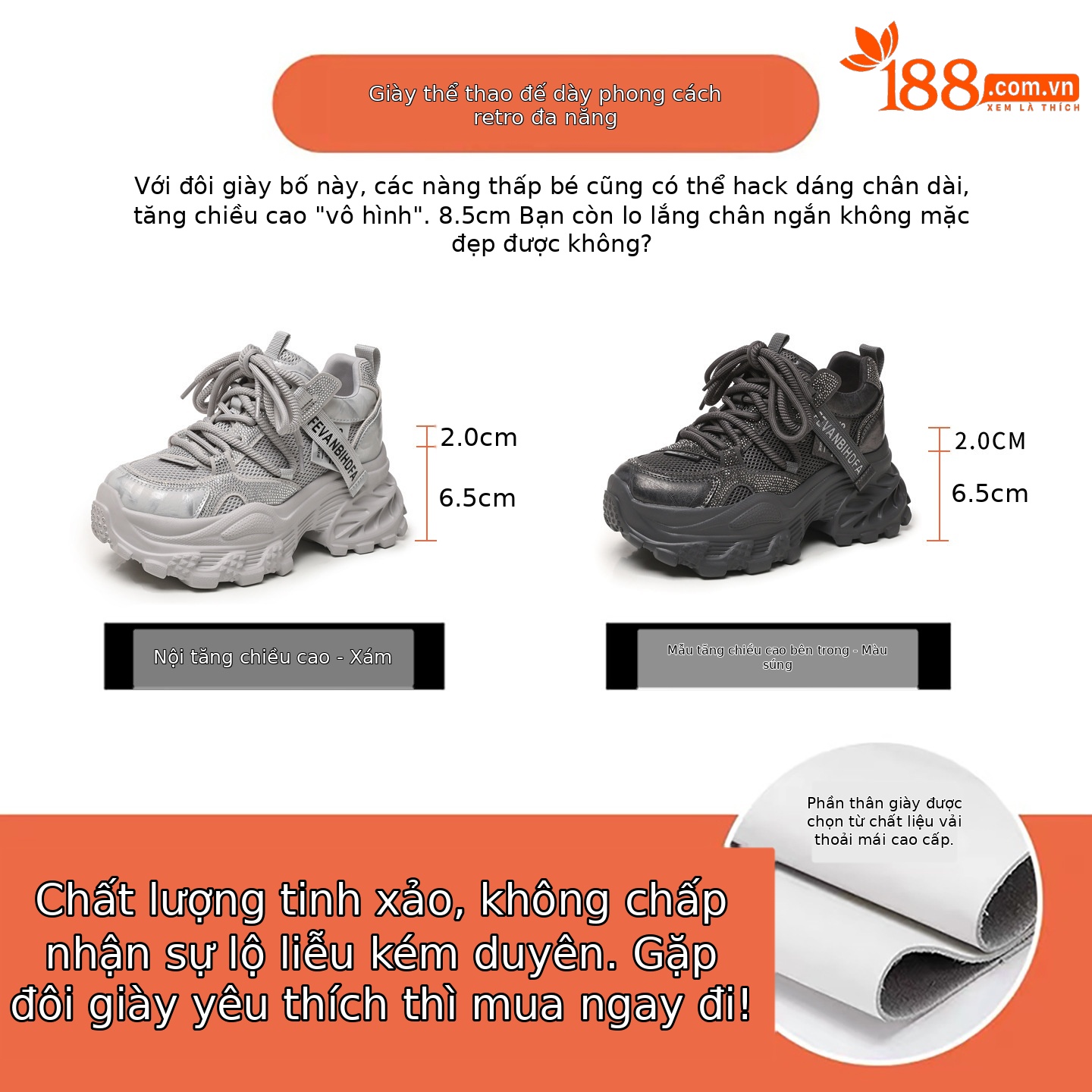 Giày sneaker nữ chunky đế dày tăng chiều cao đính đá rhinestone phong cách thể thao — Màu súng