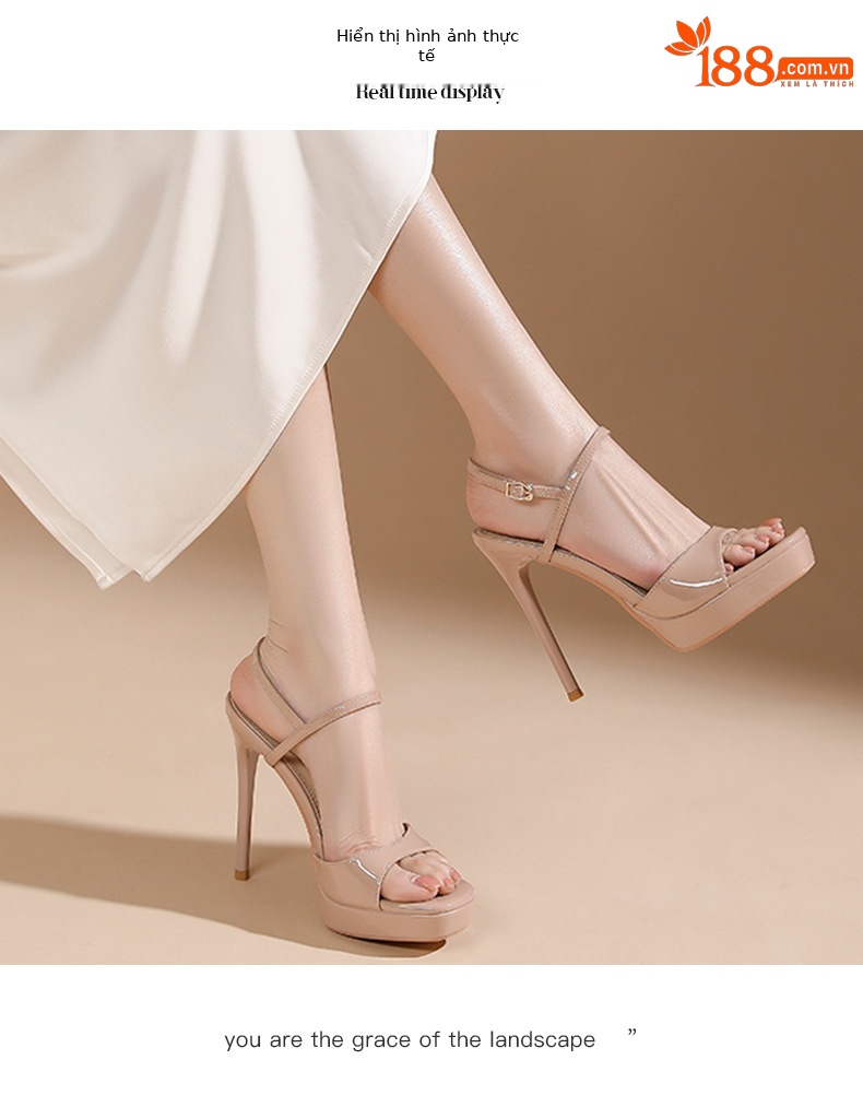 Sandal cao gót nữ quai ngang hở mũi gót nhọn 14 cm đế xuồng — Hồng nude-14cm chi tiết 5