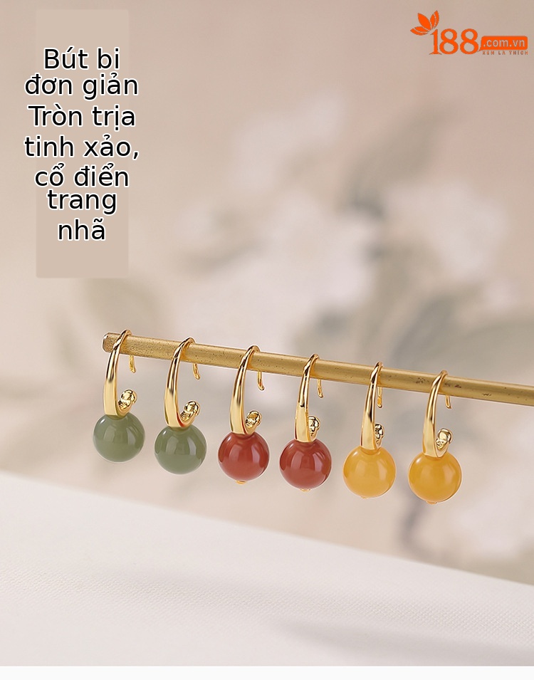 Khuyên tai hoop bạc S925 mạ vàng đính ngọc tự nhiên đơn giản — Mật ong sáp chi tiết 1