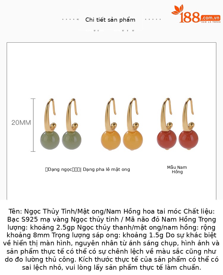 Khuyên tai hoop bạc S925 mạ vàng đính ngọc tự nhiên đơn giản — Mật ong sáp chi tiết 2