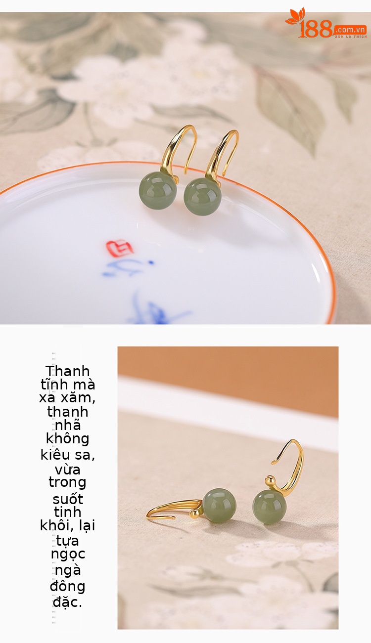 Khuyên tai hoop bạc S925 mạ vàng đính ngọc tự nhiên đơn giản — Mật ong sáp chi tiết 3