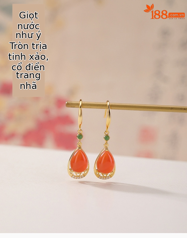 Khuyên tai nữ bạc S925 mạ vàng hồng đính mã não jasper hình giọt nước phong cách thanh lịch — Cặp đôi chi tiết 1