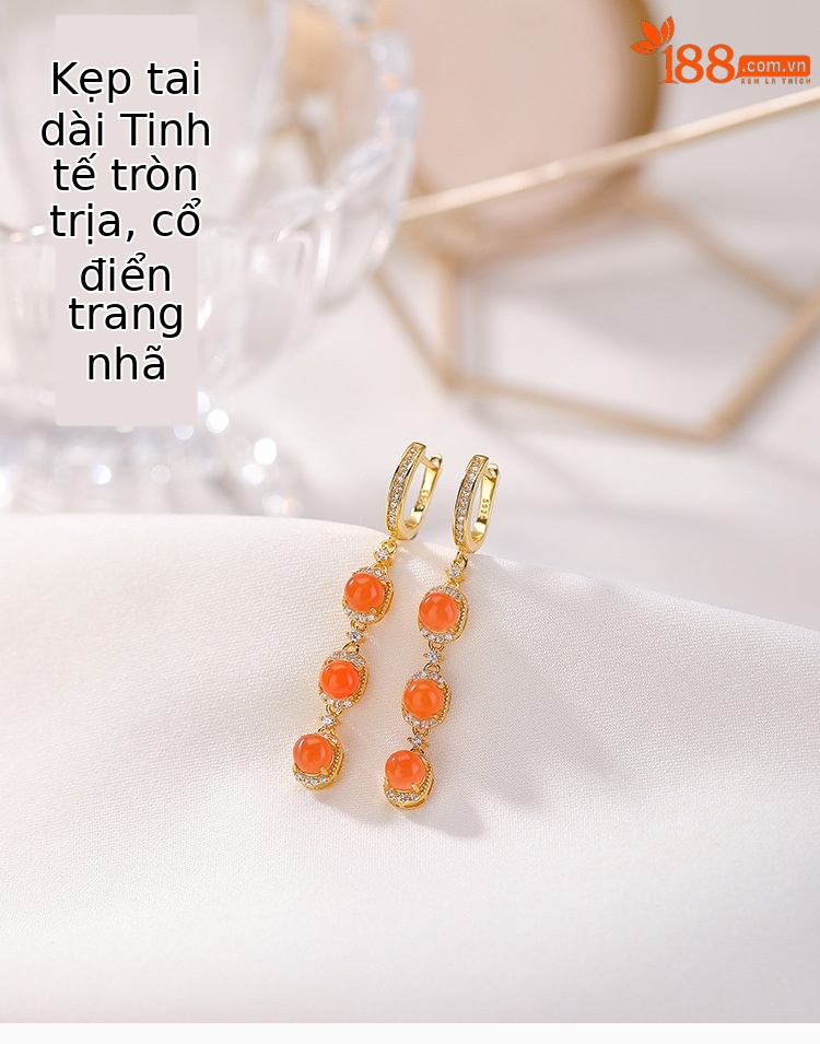 Khuyên tai hoop bạc S925 mạ vàng đỏ đính đá onyx hình học vintage — Cặp đôi chi tiết 1