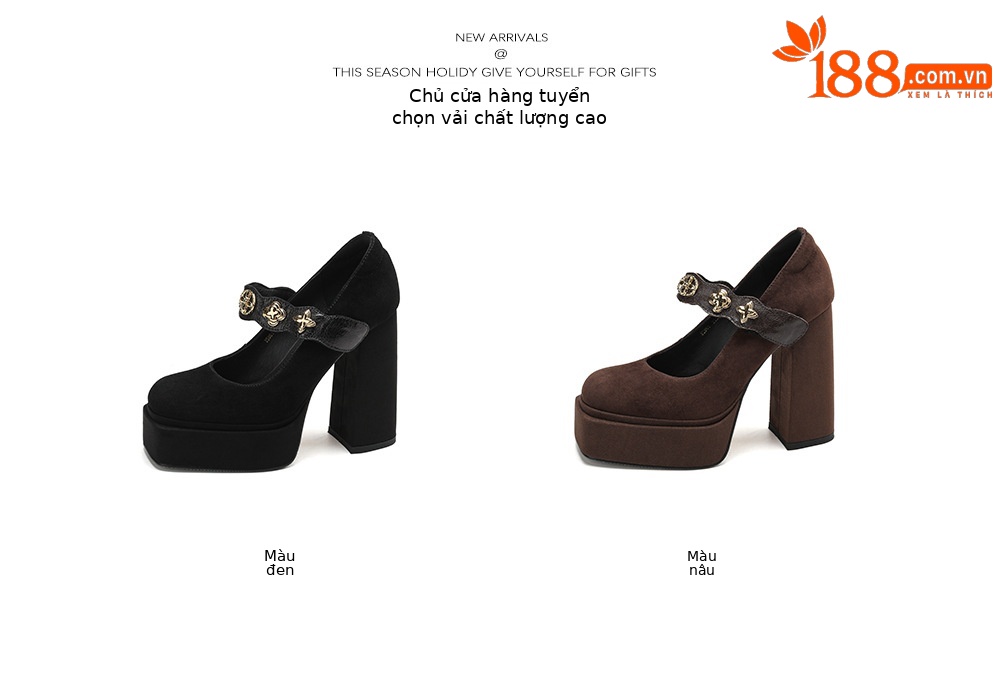 Giày cao gót nữ quai ngang gót vuông 12.5 cm phong cách Mary Jane – phù hợp mặc cùng áo dài cách tân — màu nâu, màu đen chi tiết 5