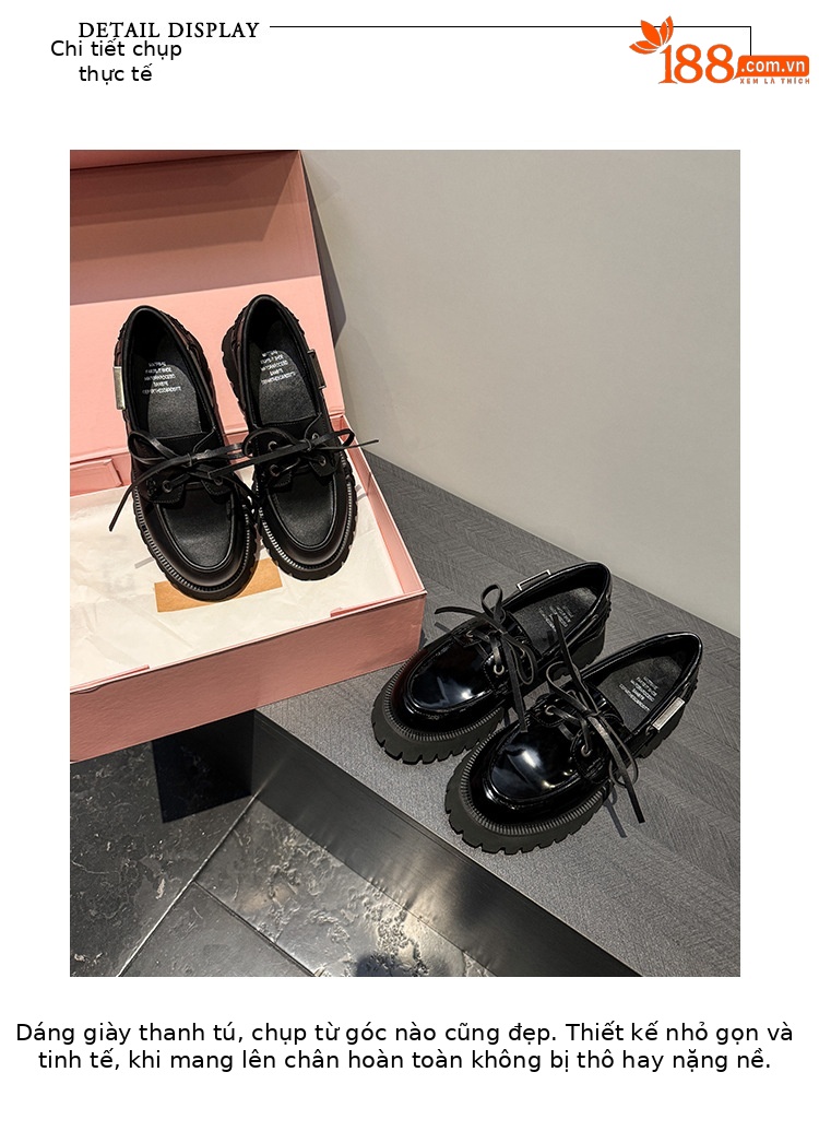 Giày loafer nữ đế dày mũi tròn buộc dây da bò — Đen (bóng) chi tiết 1
