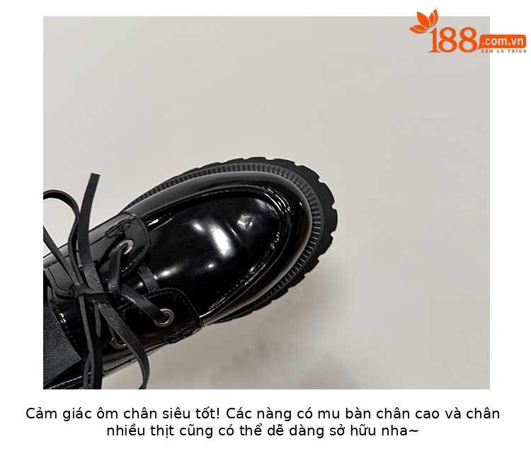 Giày loafer nữ đế dày mũi tròn buộc dây da bò — Đen (bóng) chi tiết 2