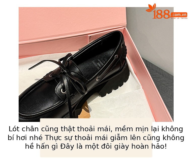Giày loafer nữ đế dày mũi tròn buộc dây da bò — Đen (bóng) chi tiết 3