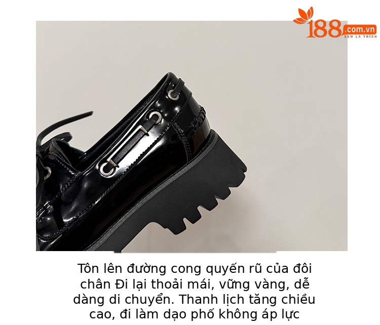 Giày loafer nữ đế dày mũi tròn buộc dây da bò — Đen (bóng) chi tiết 4