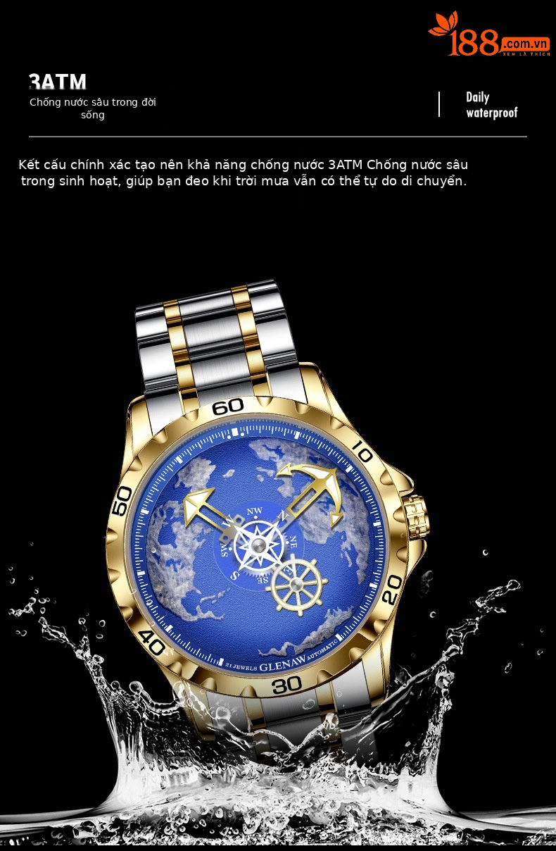 Đồng hồ nam automatic lộ máy dây thép không gỉ chống nước phát quang 8683 chi tiết 4