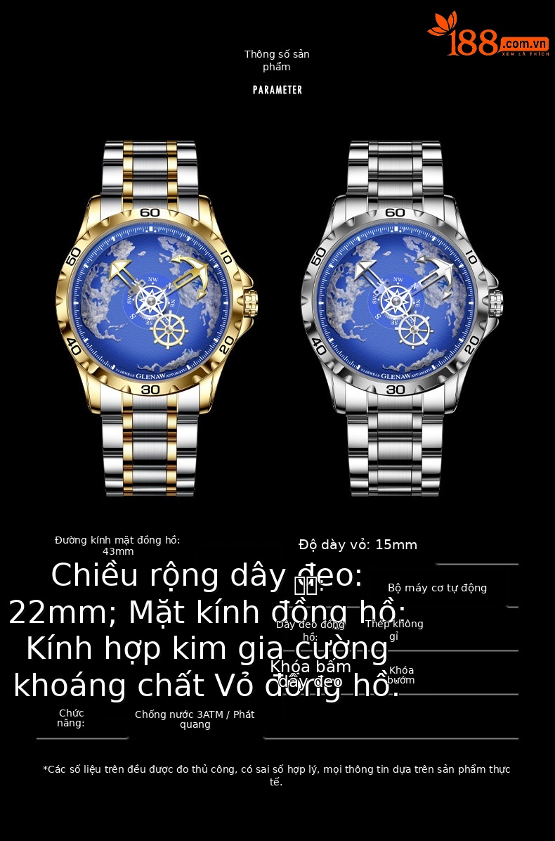 Đồng hồ nam automatic lộ máy dây thép không gỉ chống nước phát quang 8683 chi tiết 3