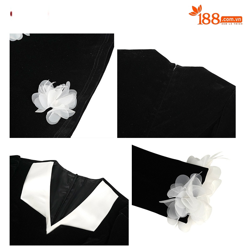 Đầm nhung V cổ thắt eo phong cách Hepburn hoa nổi 3D cổ điển thanh lịch — đen chi tiết 2