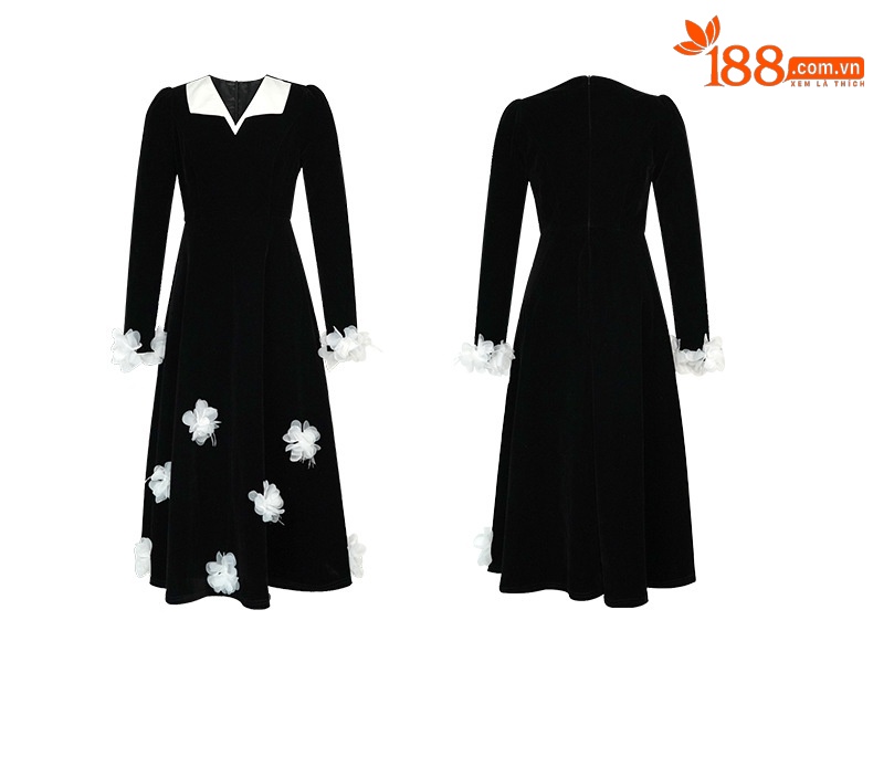 Đầm nhung V cổ thắt eo phong cách Hepburn hoa nổi 3D cổ điển thanh lịch — đen chi tiết 3