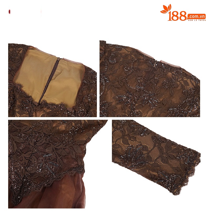 Đầm maxi nữ cổ vuông thắt eo ren lưới phồng — màu nâu chi tiết 2