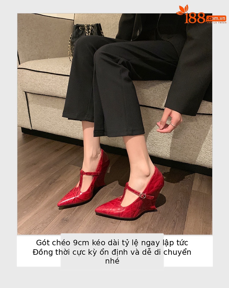 Giày Mary Jane nữ mũi nhọn quai chữ T đế xuồng cao gót phong cách cổ điển — màu đen, màu mơ, màu đỏ chi tiết 7