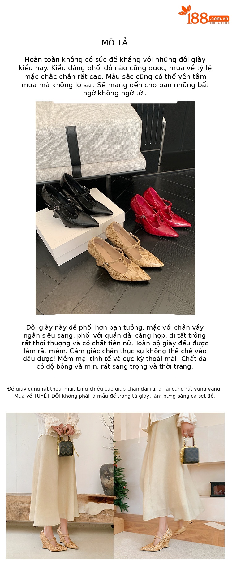 Giày Mary Jane nữ mũi nhọn quai chữ T đế xuồng cao gót phong cách cổ điển — màu đen, màu mơ, màu đỏ chi tiết 3