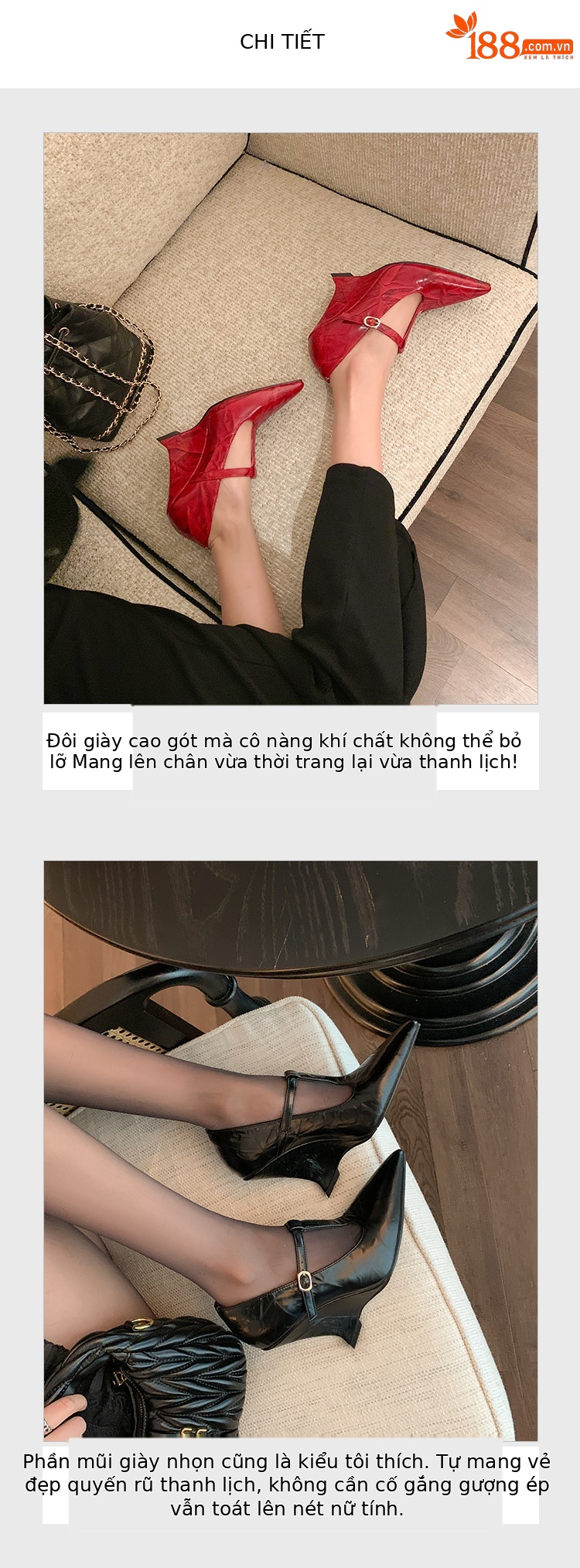 Giày Mary Jane nữ mũi nhọn quai chữ T đế xuồng cao gót phong cách cổ điển — màu đen, màu mơ, màu đỏ chi tiết 5