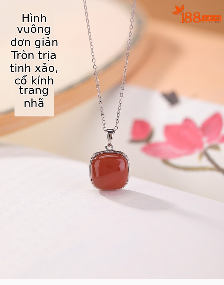 Mặt dây chuyền bạc S925 hình vuông phong cách cổ điển đính mã não đỏ — Mặt dây chuyền đơn (không kèm dây) chi tiết 1