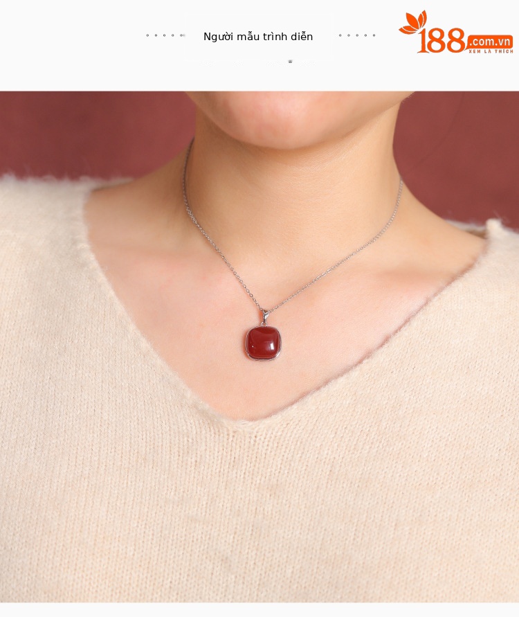 Mặt dây chuyền bạc S925 hình vuông phong cách cổ điển đính mã não đỏ — Mặt dây chuyền đơn (không kèm dây) chi tiết 2