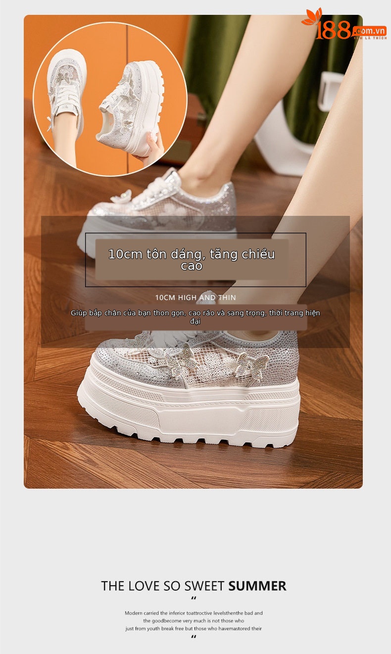 Giày sneaker nữ chunky đế dày trắng phối dây buộc, form thể thao — Trắng, Bạc chi tiết 9