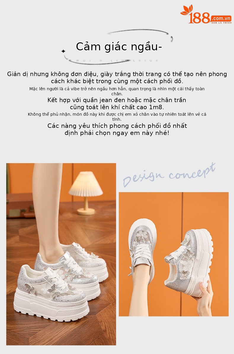 Giày sneaker nữ chunky đế dày trắng phối dây buộc, form thể thao — Trắng, Bạc chi tiết 4
