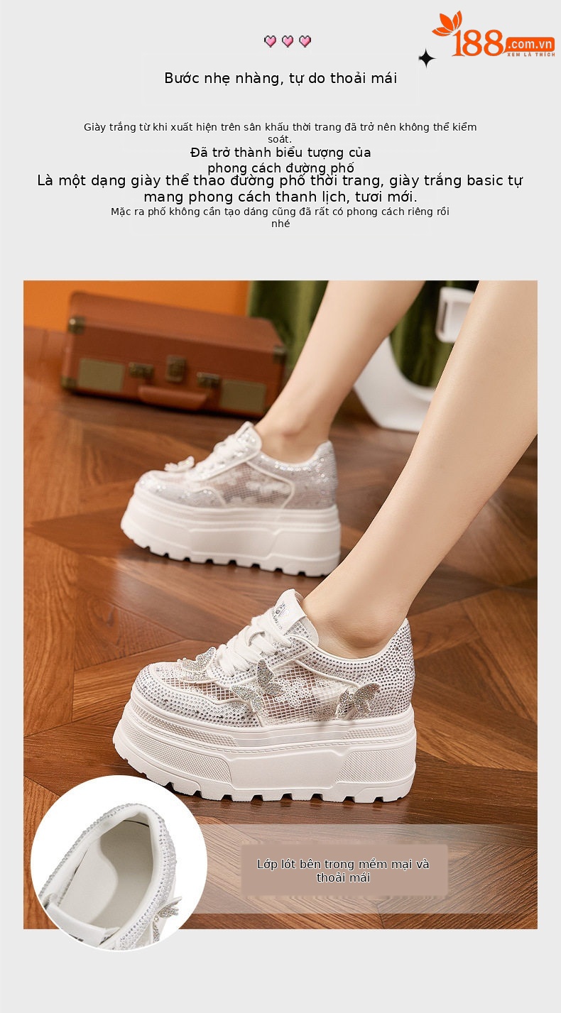 Giày sneaker nữ chunky đế dày trắng phối dây buộc, form thể thao — Trắng, Bạc chi tiết 5