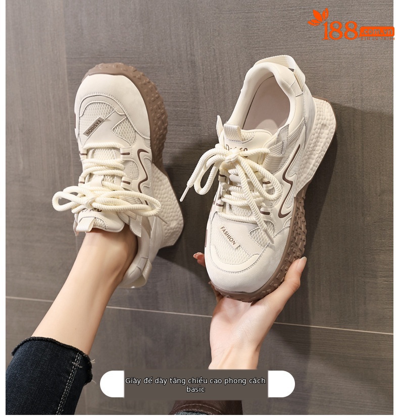 Giày sneaker nữ đế dày tăng chiều cao lưới thoáng khí phong cách thể thao — màu be chi tiết 1