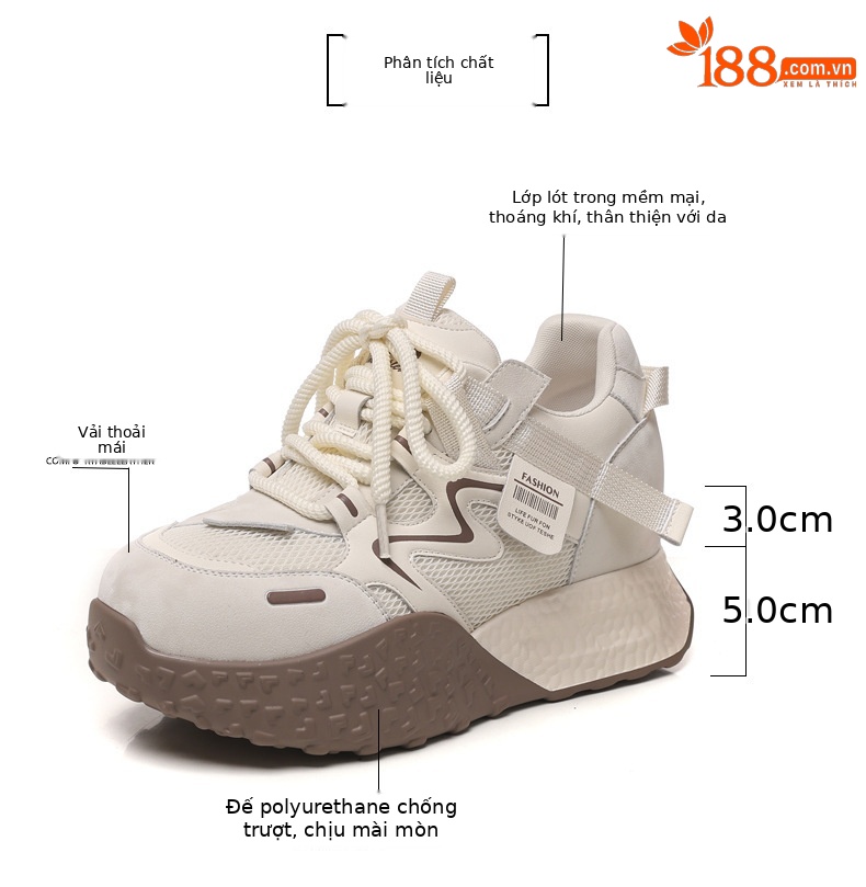Giày sneaker nữ đế dày tăng chiều cao lưới thoáng khí phong cách thể thao — màu be chi tiết 2