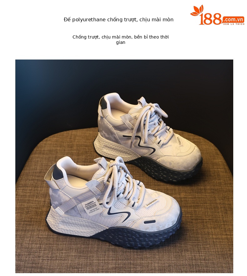 Giày sneaker nữ đế dày tăng chiều cao lưới thoáng khí phong cách thể thao — màu be chi tiết 9