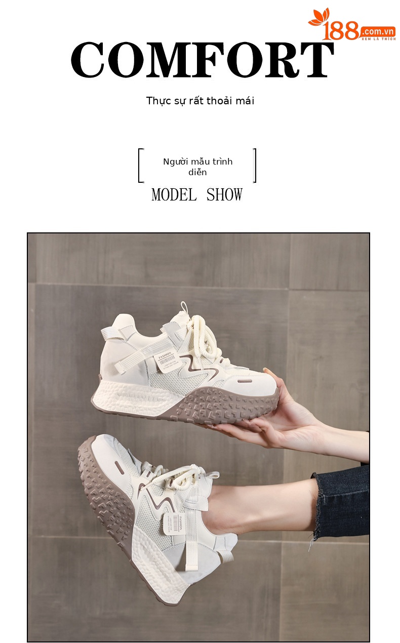 Giày sneaker nữ đế dày tăng chiều cao lưới thoáng khí phong cách thể thao — màu be chi tiết 10