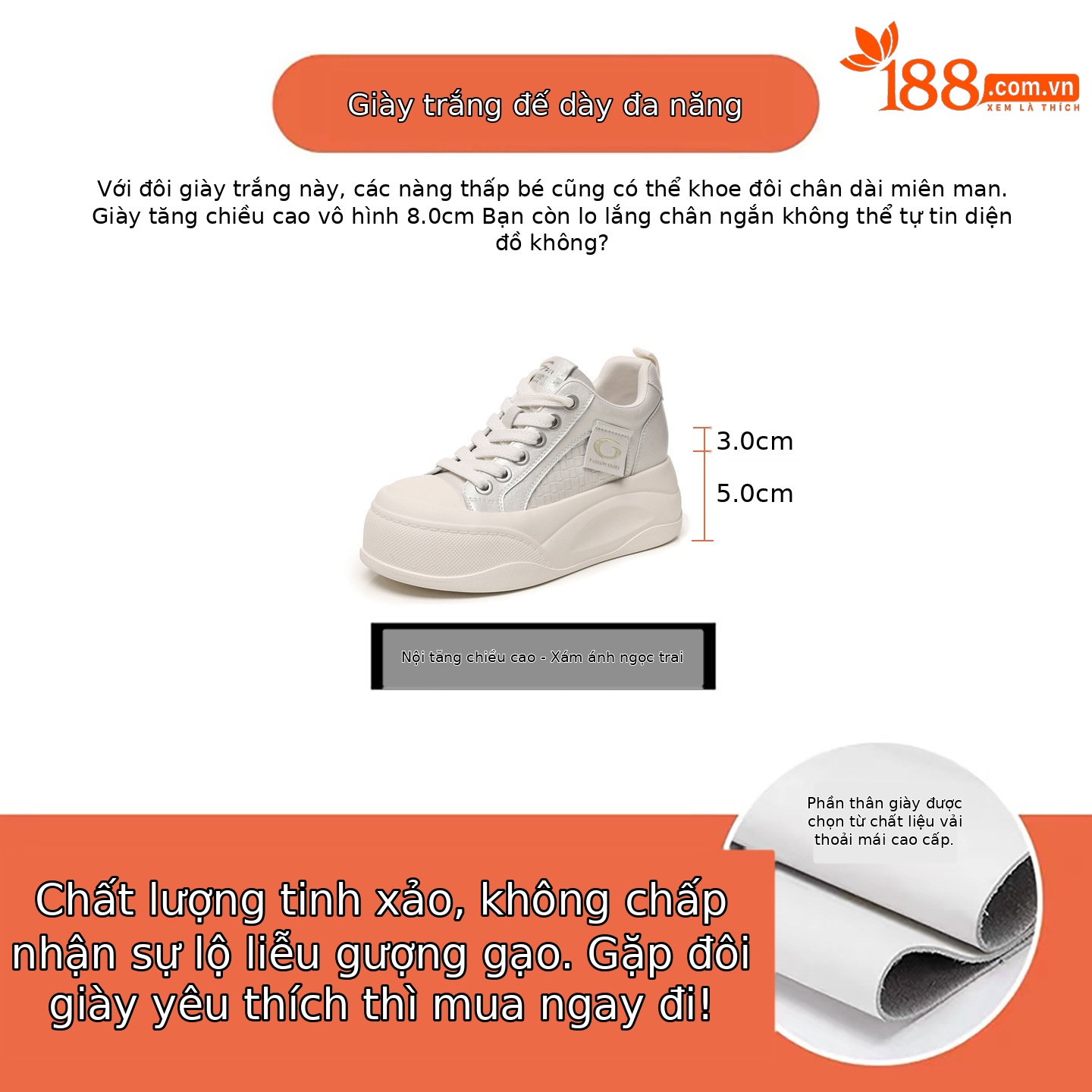 Giày sneaker nữ đế dày tăng chiều cao phong cách Hàn Quốc, đế xốp mềm thoải mái — Xám ngọc trai