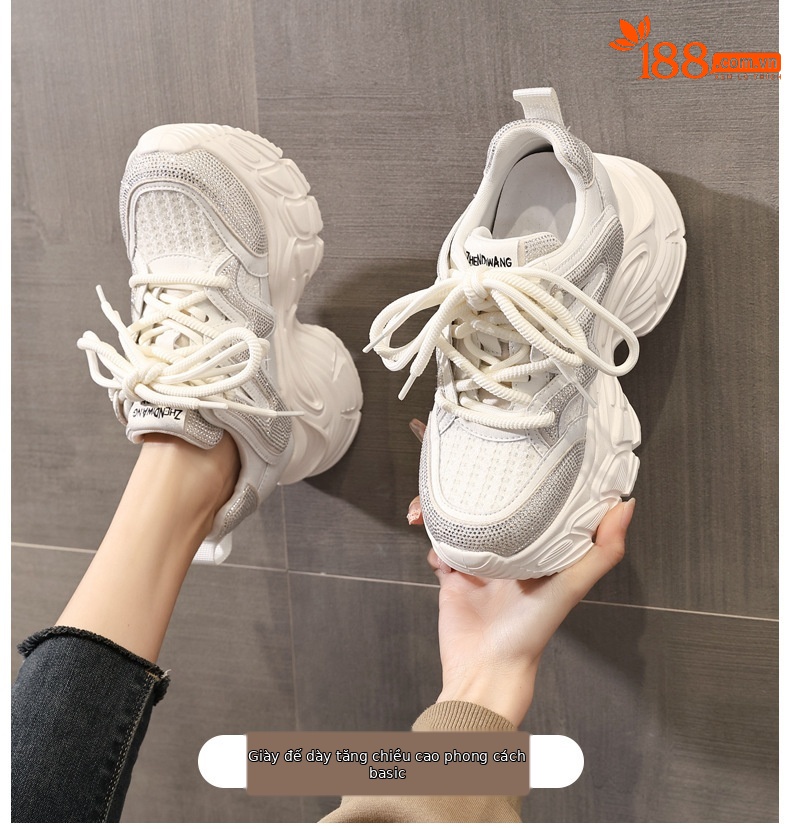 Giày sneaker nữ đế dày tăng chiều cao phong cách thể thao đính đá rhinestone — màu trắng chi tiết 1