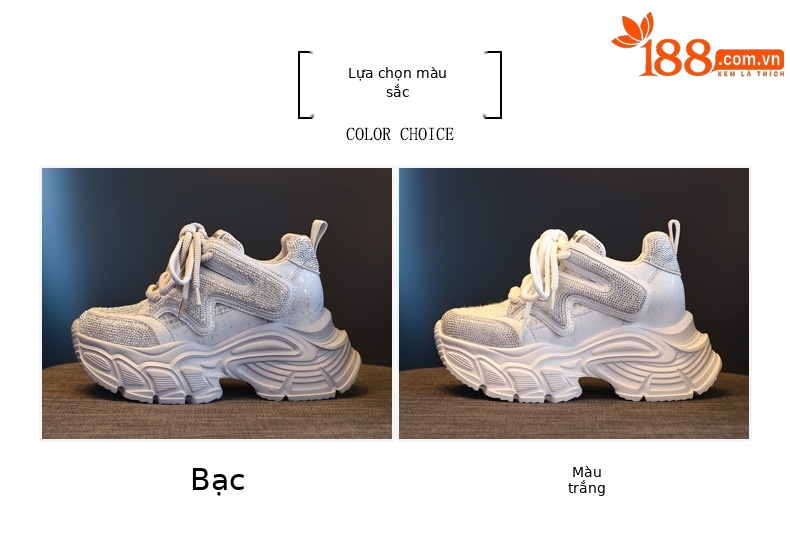 Giày sneaker nữ đế dày tăng chiều cao phong cách thể thao đính đá rhinestone — màu trắng chi tiết 2