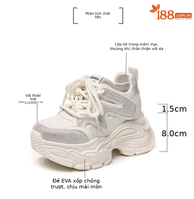 Giày sneaker nữ đế dày tăng chiều cao phong cách thể thao đính đá rhinestone — màu trắng chi tiết 3