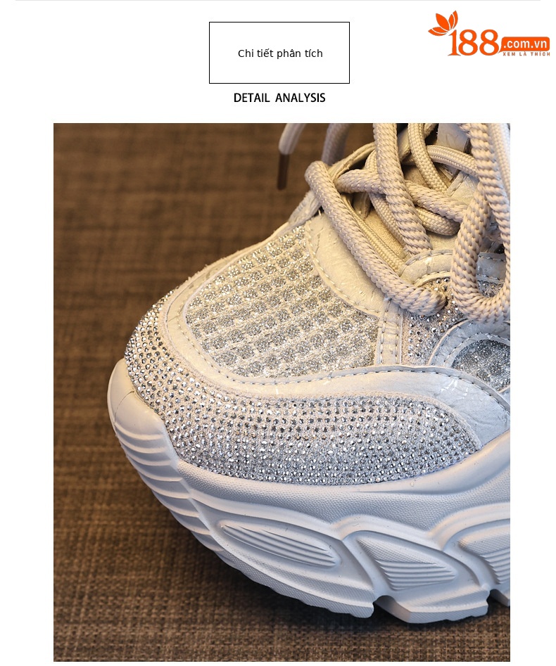 Giày sneaker nữ đế dày tăng chiều cao phong cách thể thao đính đá rhinestone — màu trắng chi tiết 7
