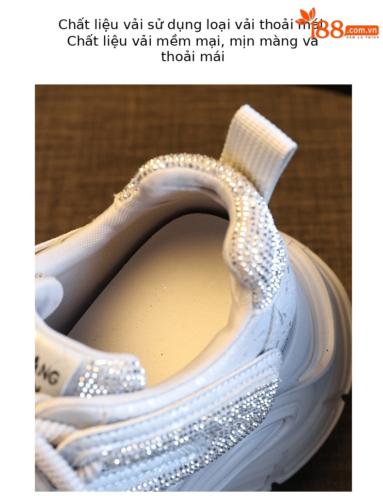 Giày sneaker nữ đế dày tăng chiều cao phong cách thể thao đính đá rhinestone — màu trắng chi tiết 8
