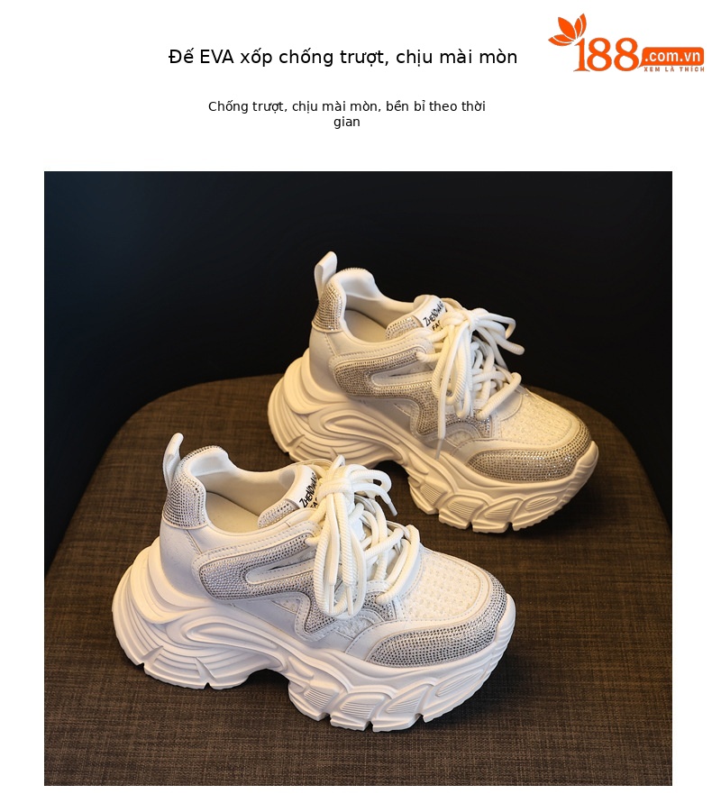 Giày sneaker nữ đế dày tăng chiều cao phong cách thể thao đính đá rhinestone — màu trắng chi tiết 10