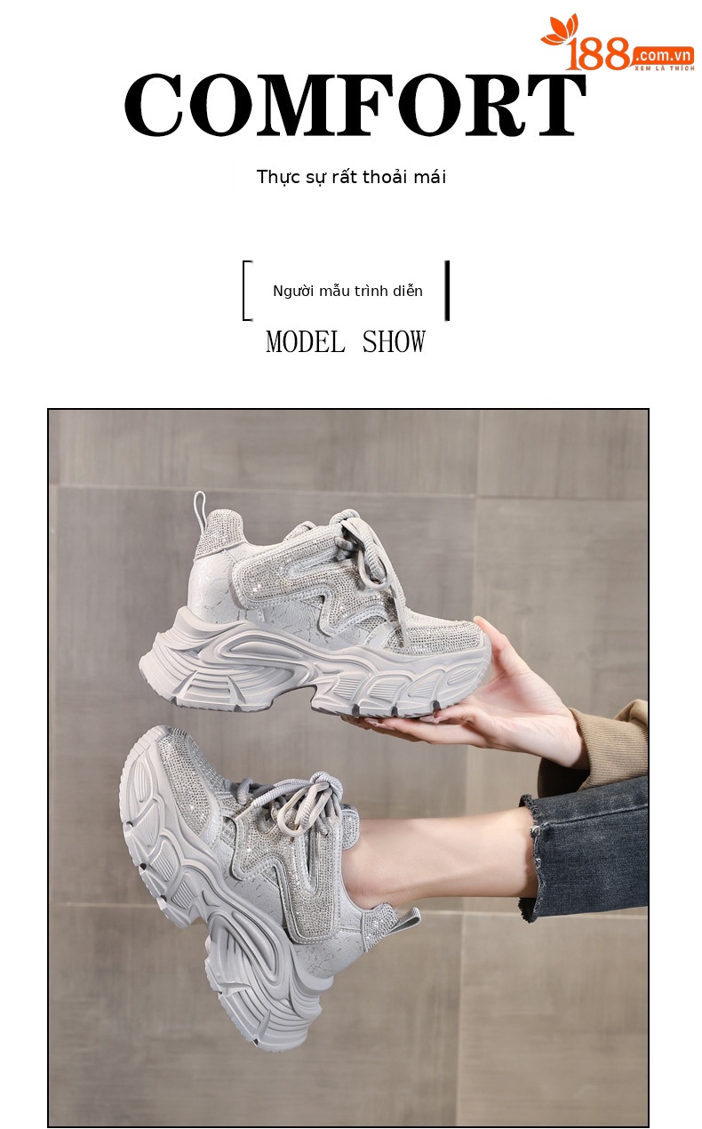 Giày sneaker nữ đế dày tăng chiều cao phong cách thể thao đính đá rhinestone — màu trắng chi tiết 11