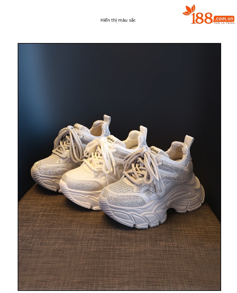 Giày sneaker nữ đế dày tăng chiều cao phong cách thể thao đính đá rhinestone — màu trắng chi tiết 18