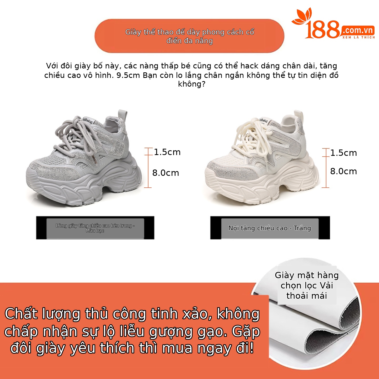 Giày sneaker nữ đế dày tăng chiều cao phong cách thể thao đính đá rhinestone — màu trắng