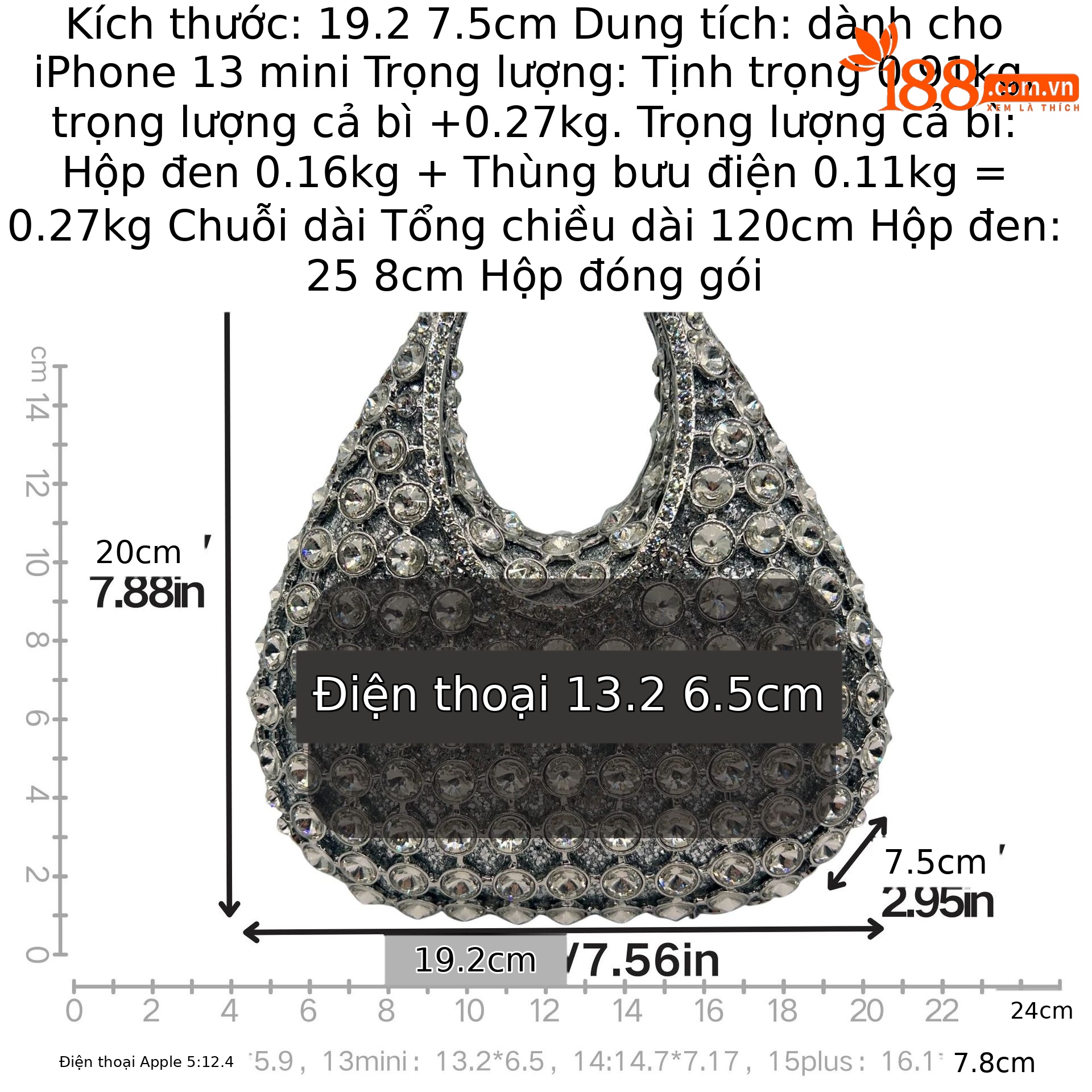 Túi clutch nữ đính đá pha lê lấp lánh cầm tay dự tiệc — bạc, Tùy chỉnh màu khác chi tiết 1