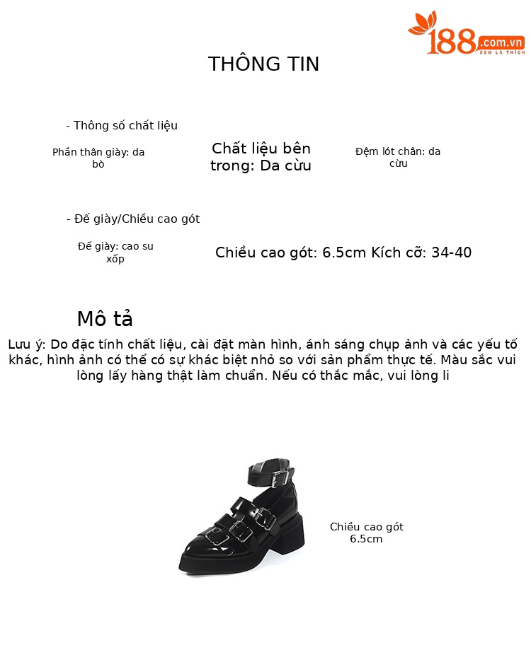 Giày cao gót Mary Jane nữ mũi nhọn da thật, quai khóa, gót cao 6 cm, form nhỏ nhắn — màu đen, màu trắng chi tiết 4